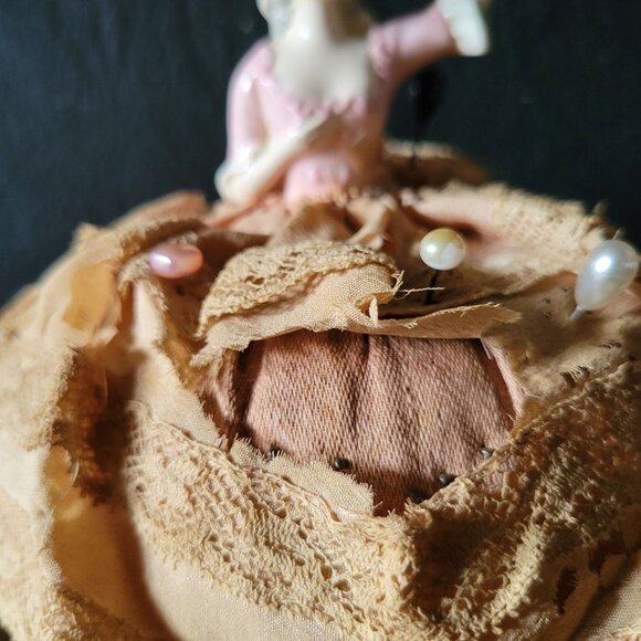 Antique Porcelain Half Doll Pin Cushion, Sewing Room Decor, Tattered Dress Doll - Picture 9 of 9